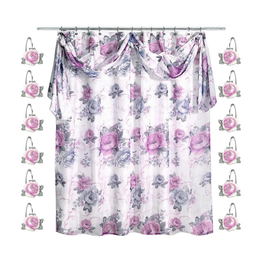 Zahari Home 13pc Michelle Bathroom Shower Curtain Sets Shower Curtain & 12 Shower Bathroom Hooks Modern Classic Luxury