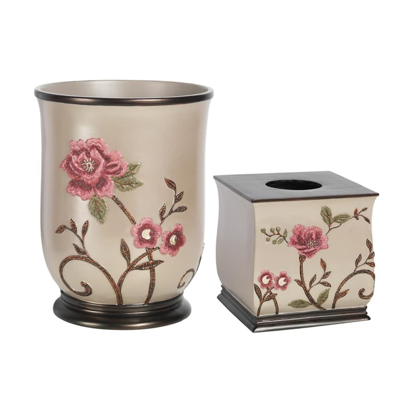 Zahari Home 2pc Larrisa Floral Bathroom Decor Set Waste Basket for Bathroom & Tissue Cover Modern Classic Contemporary