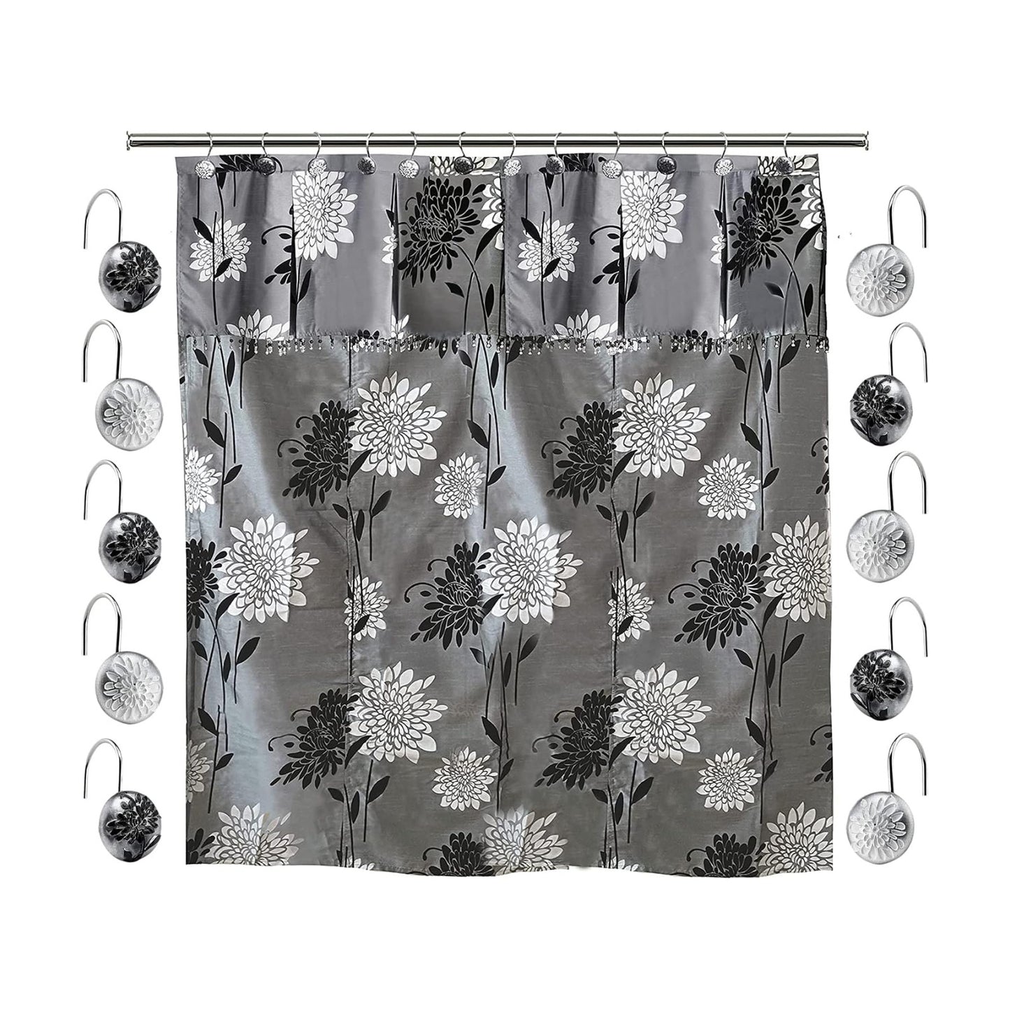 Zahari Home 13pc Erica Bathroom Fabric Shower Curtain Sets Bathroom Shower Curtain & 12 Shower Bathroom Hooks Modern
