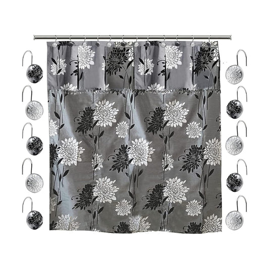 Zahari Home 13pc Erica Bathroom Fabric Shower Curtain Sets Bathroom Shower Curtain & 12 Shower Bathroom Hooks Modern