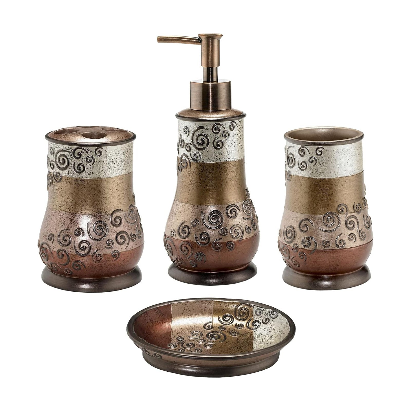 Zahari Home 4pc Miramar Bathroom Accessories Sets Lotion Pump, Tumbler, Tooth Brush Holder and Soap Dish Unique Design