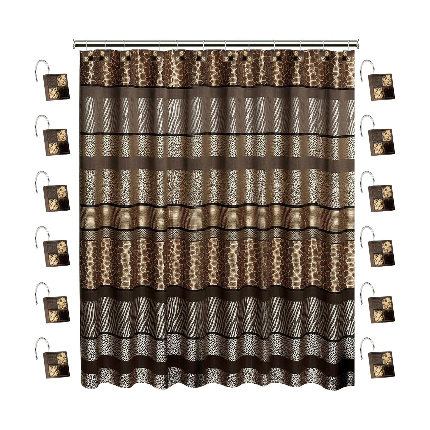 Zahari Home 13pc Safari Stripes Bathroom Shower Curtain Set Animal Print Shower Curtain & 12 Shower Curtain Hooks