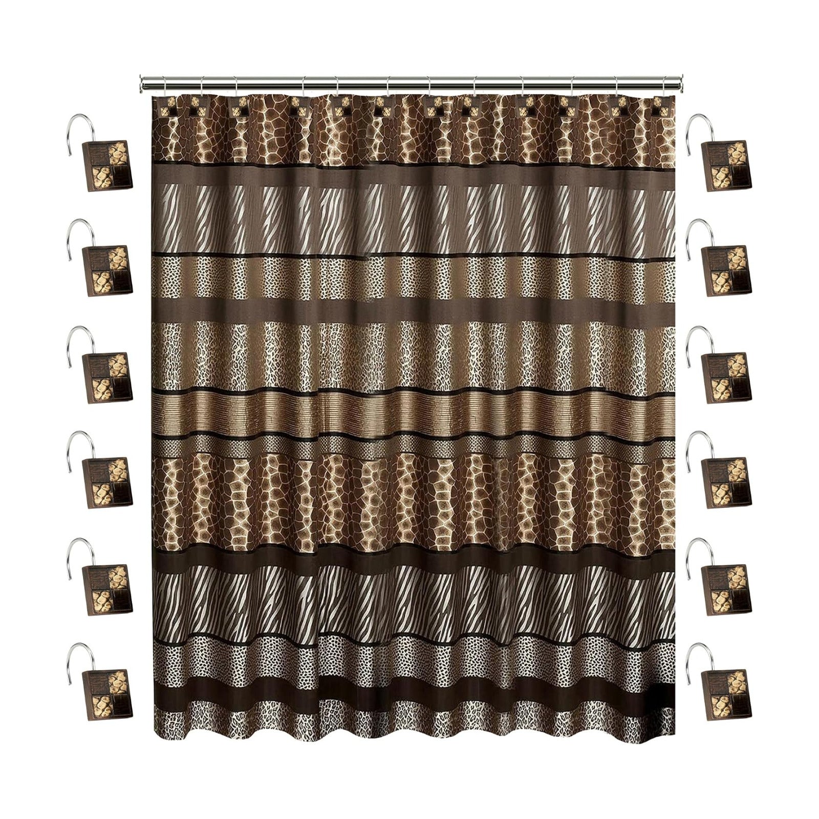 Zahari Home 13pc Safari Stripes Bathroom Shower Curtain Set Animal Print Shower Curtain & 12 Shower Curtain Hooks