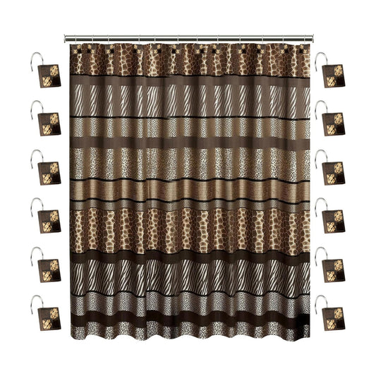 Zahari Home 13pc Safari Stripes Bathroom Shower Curtain Set Animal Print Shower Curtain & 12 Shower Curtain Hooks