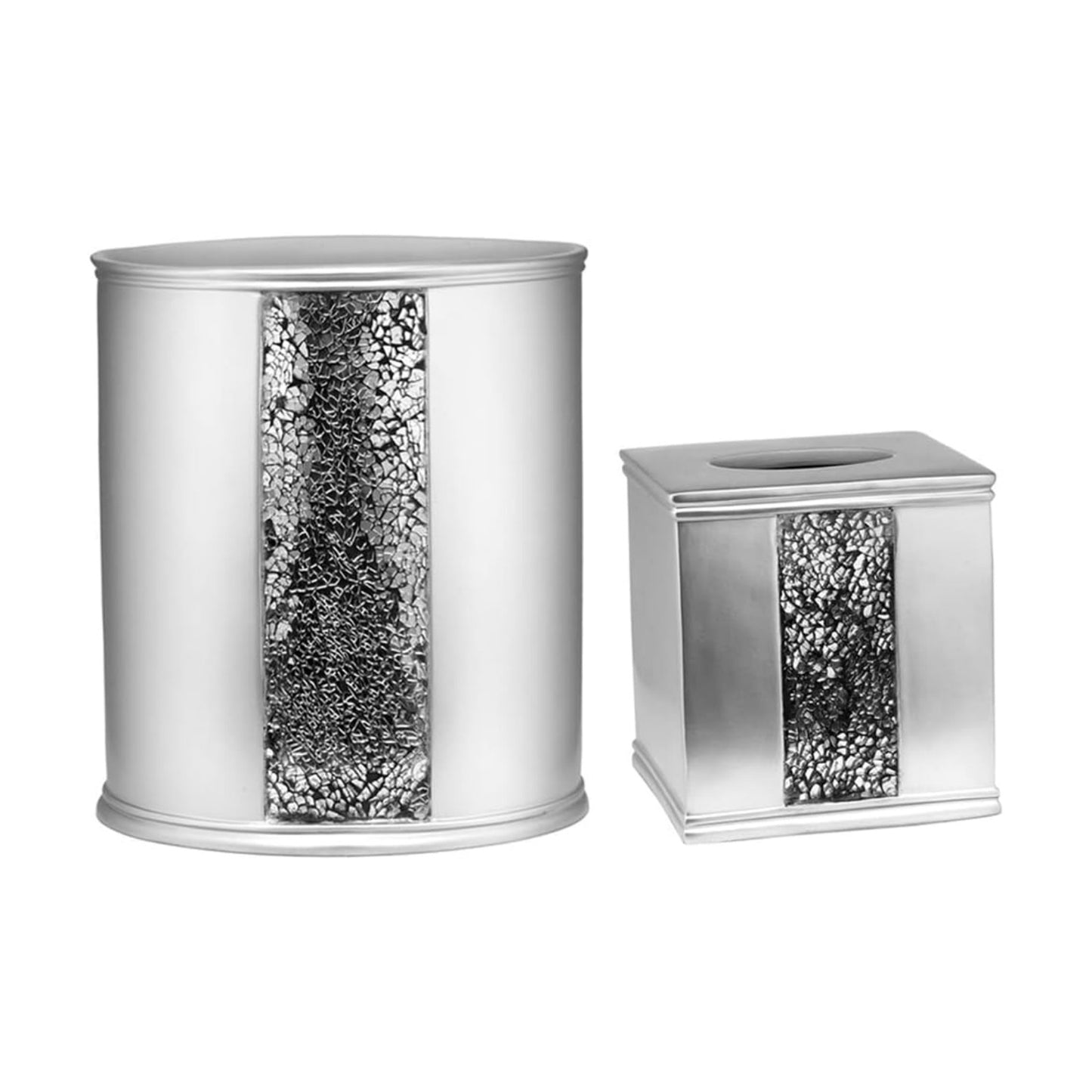 Zahari Home 2pc Sinatra Silver Modern Bath Accessories Set Waste Basket & Tissue Box Modern Classic Contemporary