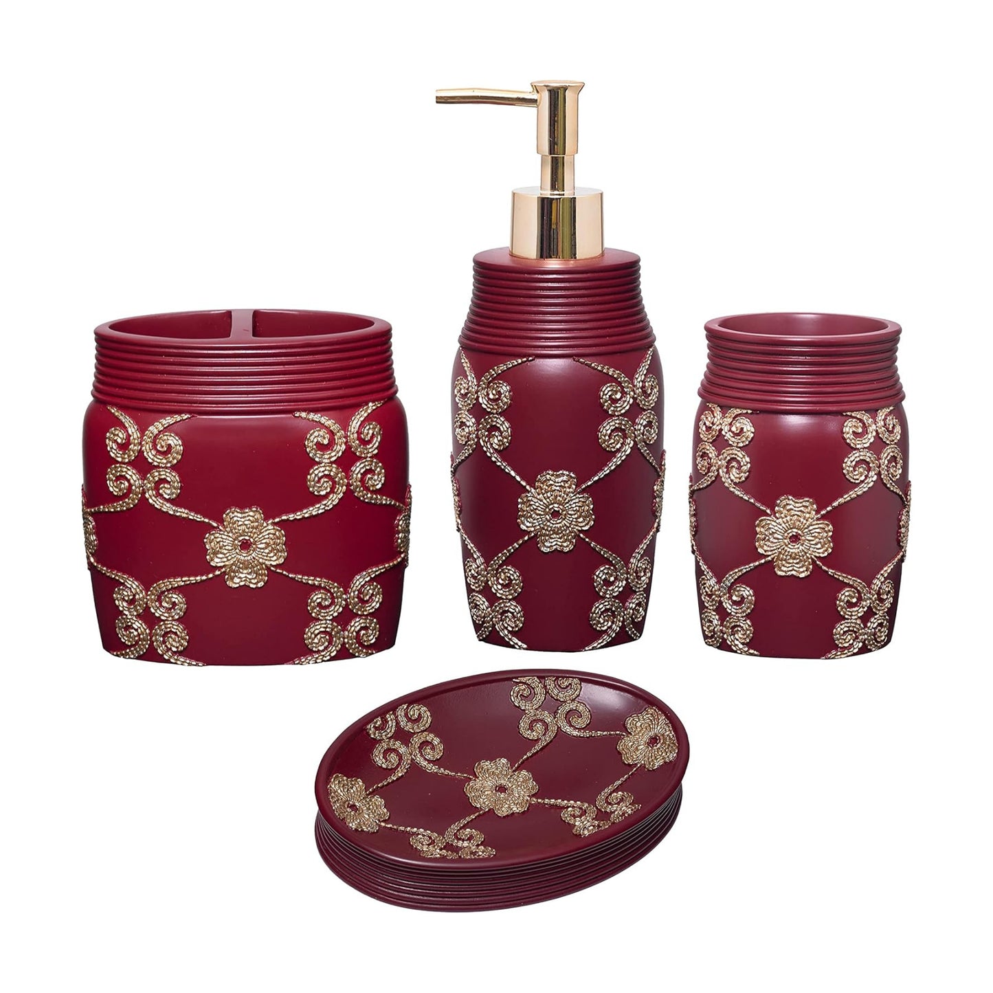 Zahari Home 4pc Elegant Rose Burgundy Bathroom Set Classic Bathroom Lotion Dispenser, Tumbler, Toothbrush Case and Bar