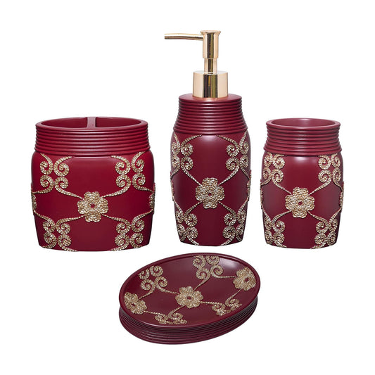 Zahari Home 4pc Elegant Rose Burgundy Bathroom Set Classic Bathroom Lotion Dispenser, Tumbler, Toothbrush Case and Bar