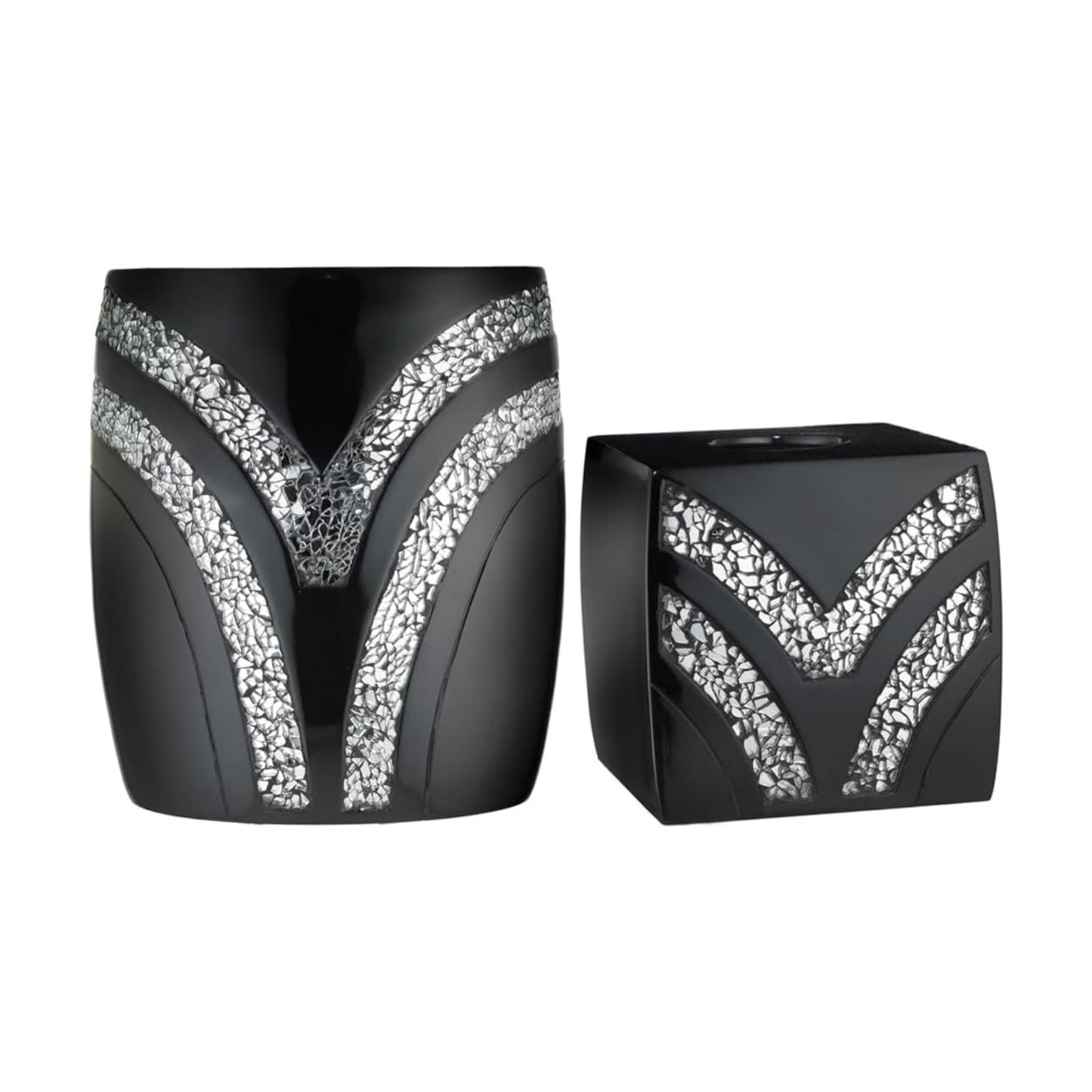 Zahari Home 2pc Sinatra Black Modern Bath Accessories Set Waste Basket & Tissue Box Modern Decorative Beautiful Designs
