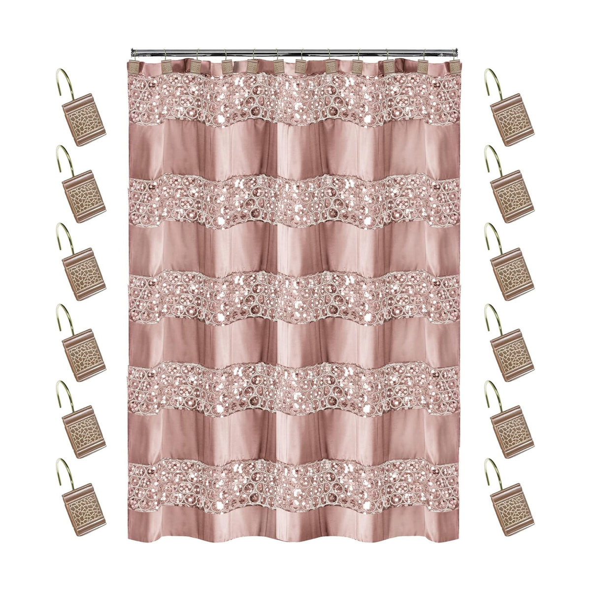 Zahari Home 13pc Sinatra Bathroom Shower Curtain Set - Blush Luxury Fabric With 12 Hooks - Unique Design Bling