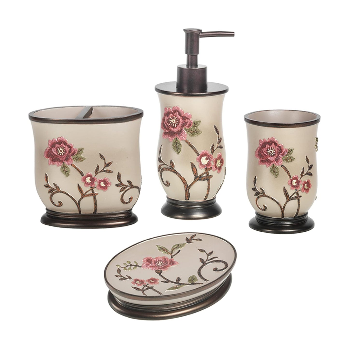 Zahari Home 4pc Larrisa Floral Bathroom Accessories Sets Modern Classic Flower Soap Dispenser, Tumbler, Tooth Brush