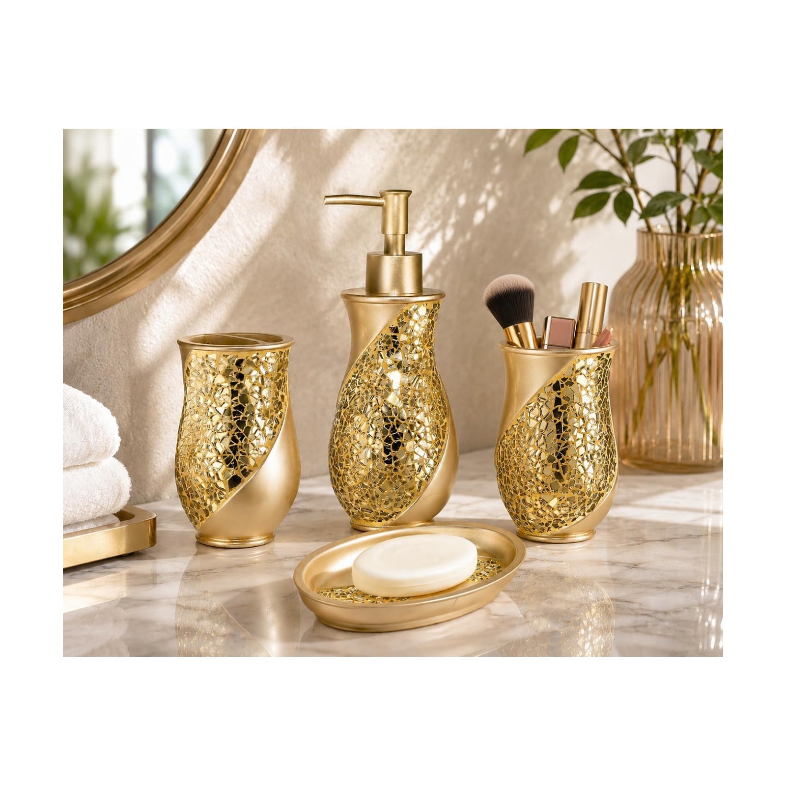 Zahari Home 4pc Sinatra Stylish Bathroom Accessories Set Champagne Gold Soap Dispenser Pump, Tumbler, Tooth Brush