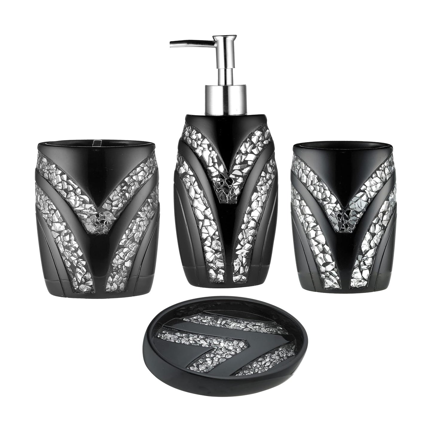 Zahari Home 4pc Sinatra Stylish Bathroom Accessories Set Black Soap Dispenser/Lotion Pump, Tumbler, Tooth Brush Holder