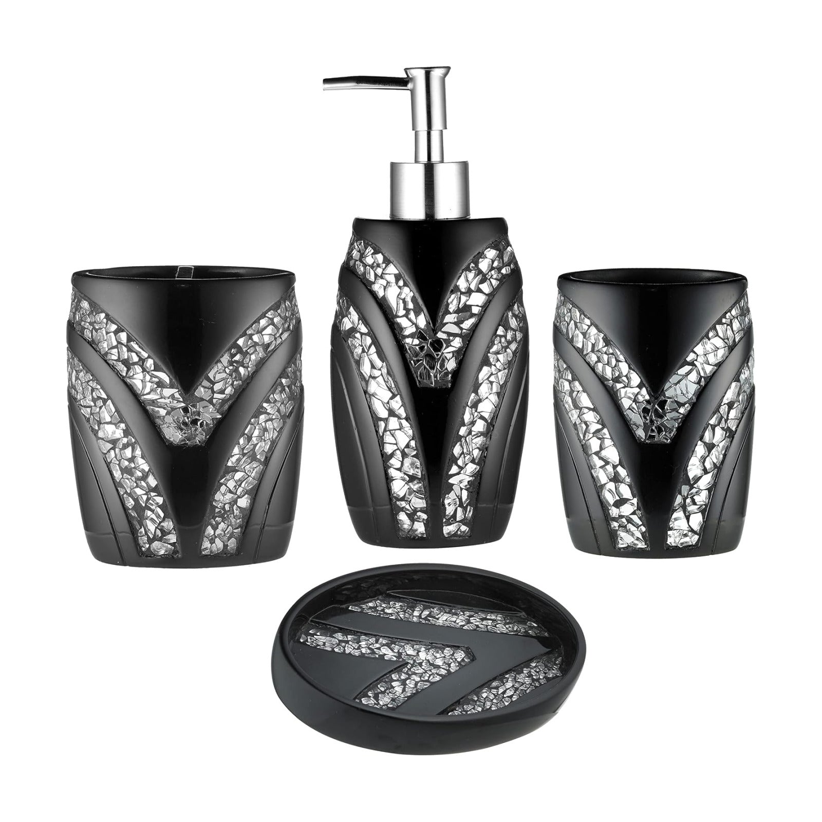Zahari Home 4pc Sinatra Stylish Bathroom Accessories Set Black Soap Dispenser/Lotion Pump, Tumbler, Tooth Brush Holder