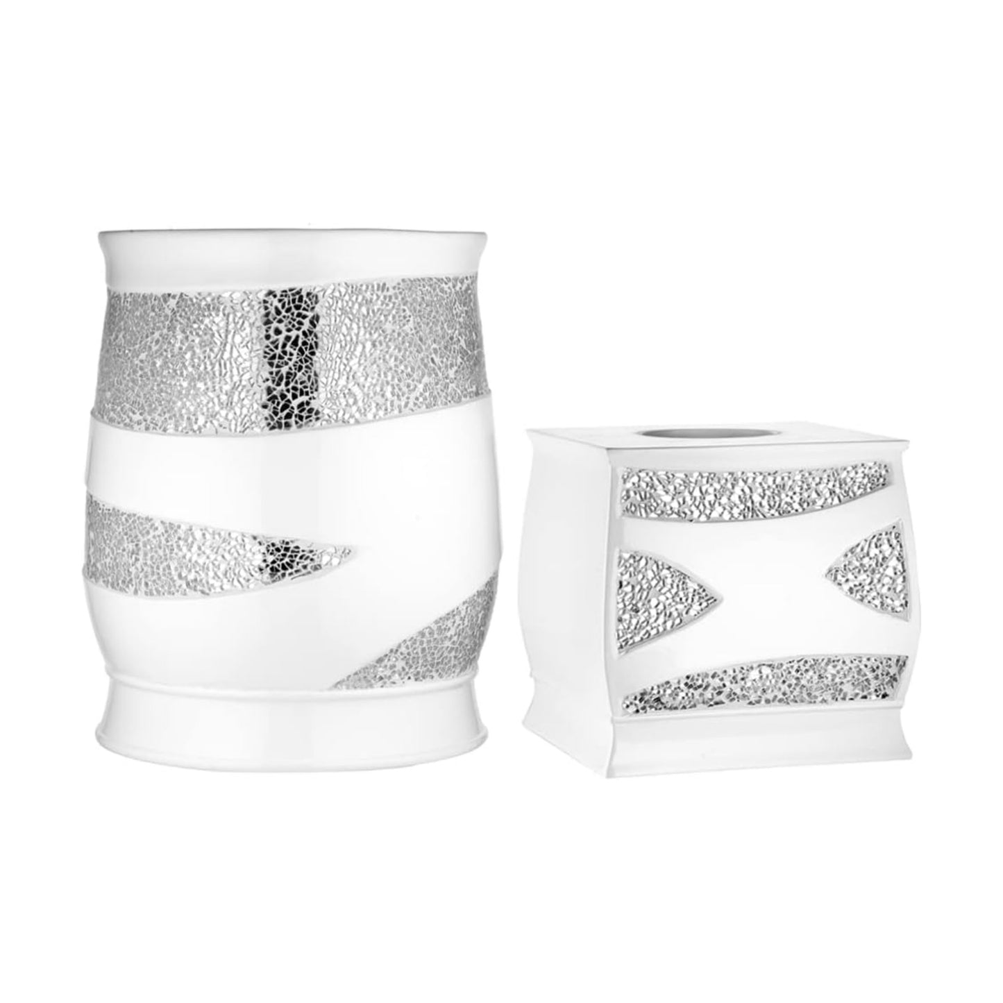 Zahari Home 2pc Sinatra White Modern Bath Accessories Set Waste Basket & Tissue Box Modern Decorative Beautiful Designs