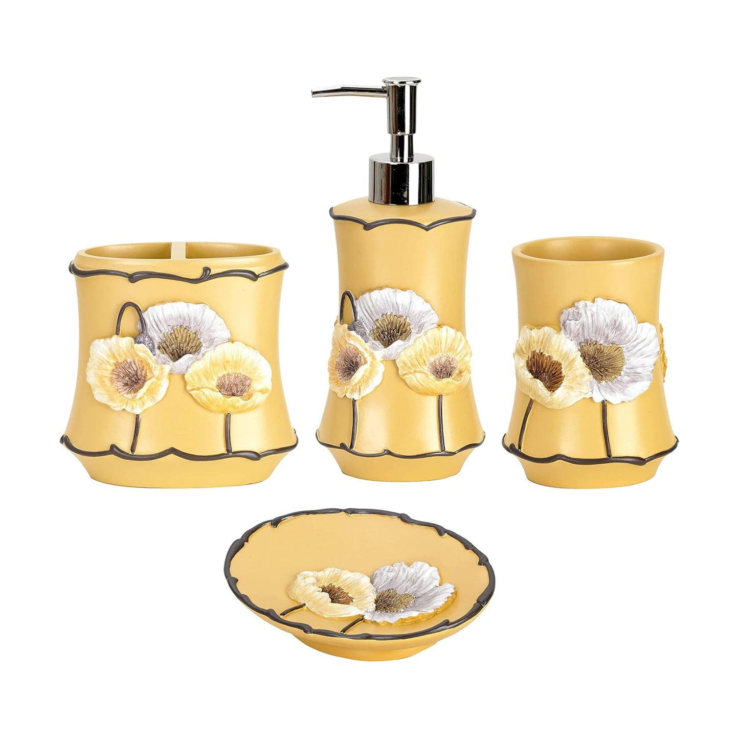 Zahari Home 4pc Poppy Fields Yellow Bathroom Accessories Set Hand Soap Dispenser, Tumbler, Tooth Brush Holder and Soap
