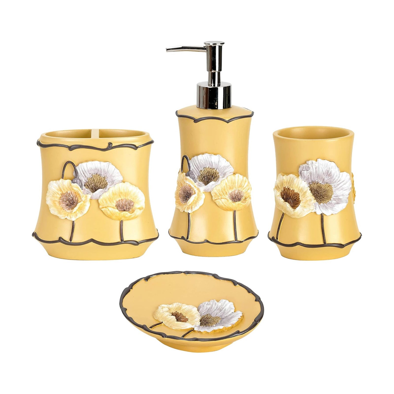 Zahari Home 4pc Poppy Fields Yellow Bathroom Accessories Set Hand Soap Dispenser, Tumbler, Tooth Brush Holder and Soap