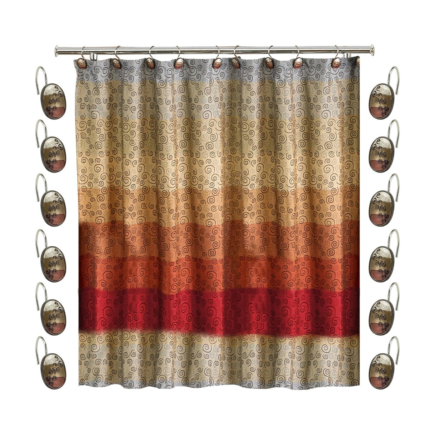 Zahari Home 13pc Miramar Bathroom Shower Curtain Sets Shower Curtain & 12 Shower Bathroom Hooks Modern Classic Luxury