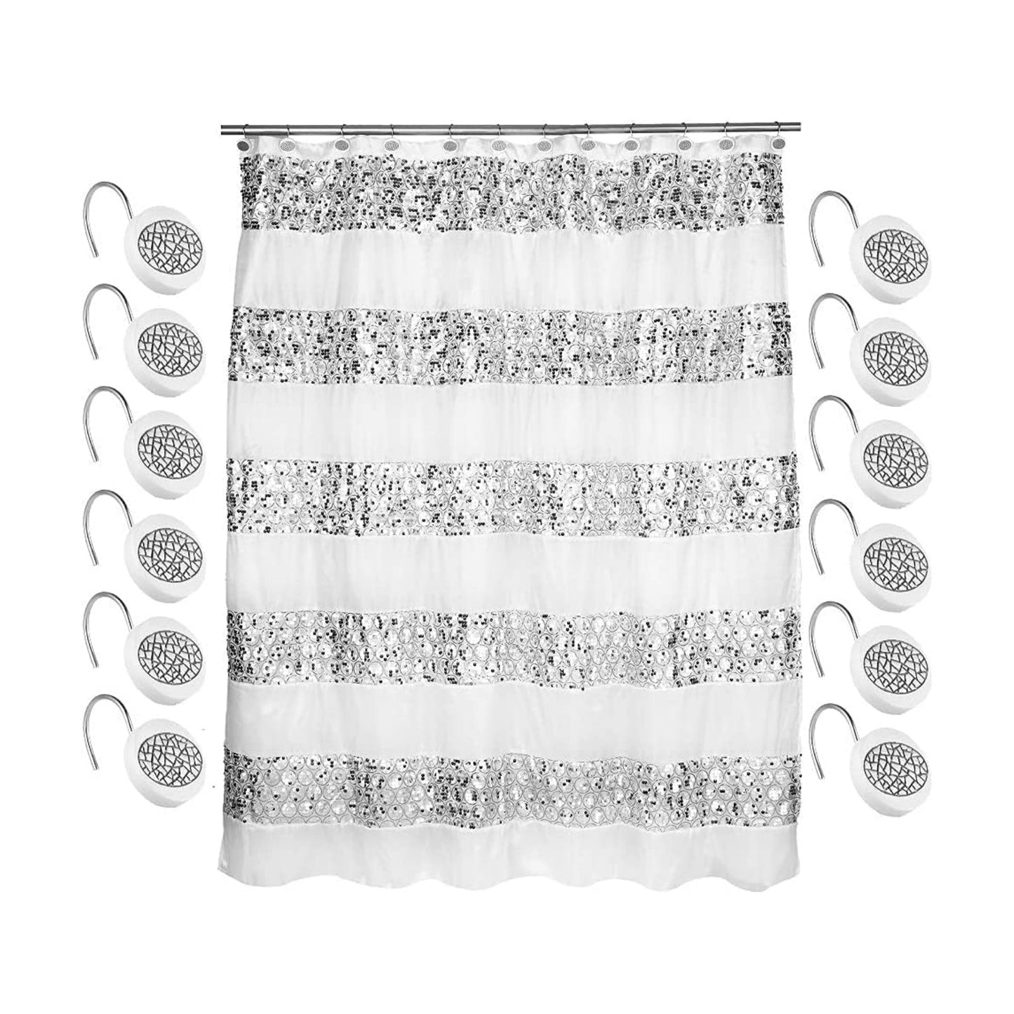 Zahari Home Sinatra Bathroom Shower Curtain Set - 13pc Classic White Shower Curtain & Hooks - Unique Design