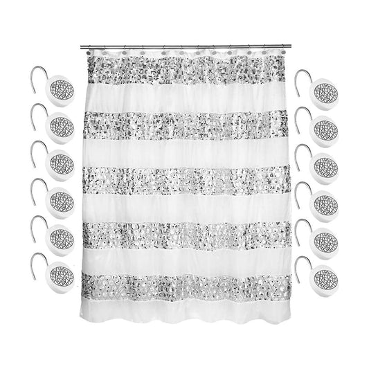 Zahari Home Sinatra Bathroom Shower Curtain Set - 13pc Classic White Shower Curtain & Hooks - Unique Design