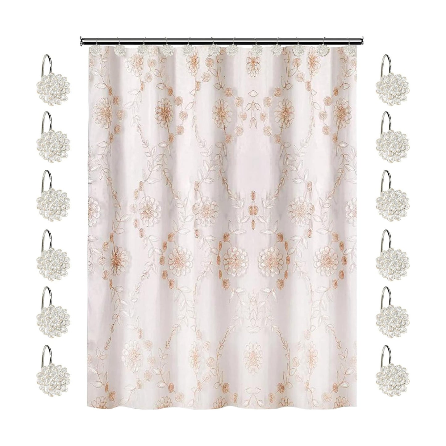 Zahari Home 13pc Rose Vine Bathroom Sheer Shower Curtain Sets Sheer Shower Curtain & 12 Shower Bathroom Hooks Modern