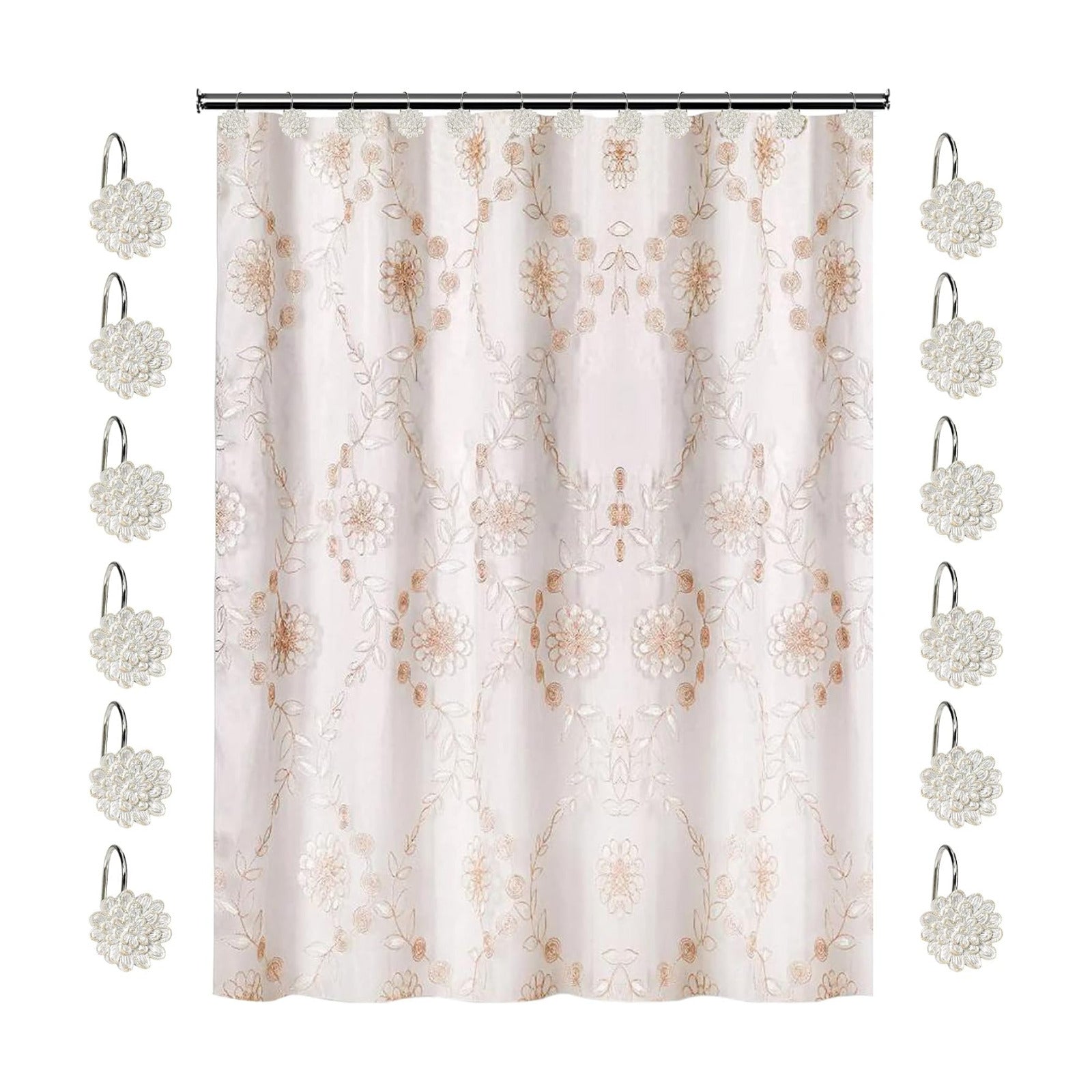 Zahari Home 13pc Rose Vine Bathroom Sheer Shower Curtain Sets Sheer Shower Curtain & 12 Shower Bathroom Hooks Modern