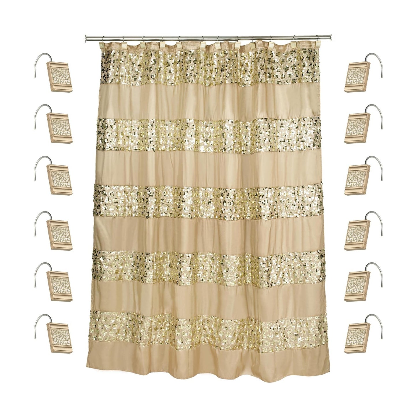 Zahari Home 13pc Sinatra Bathroom Shower Curtain Set - Gold Curtain & 12 Champagne Hooks - Luxury Fabric Bling Unique