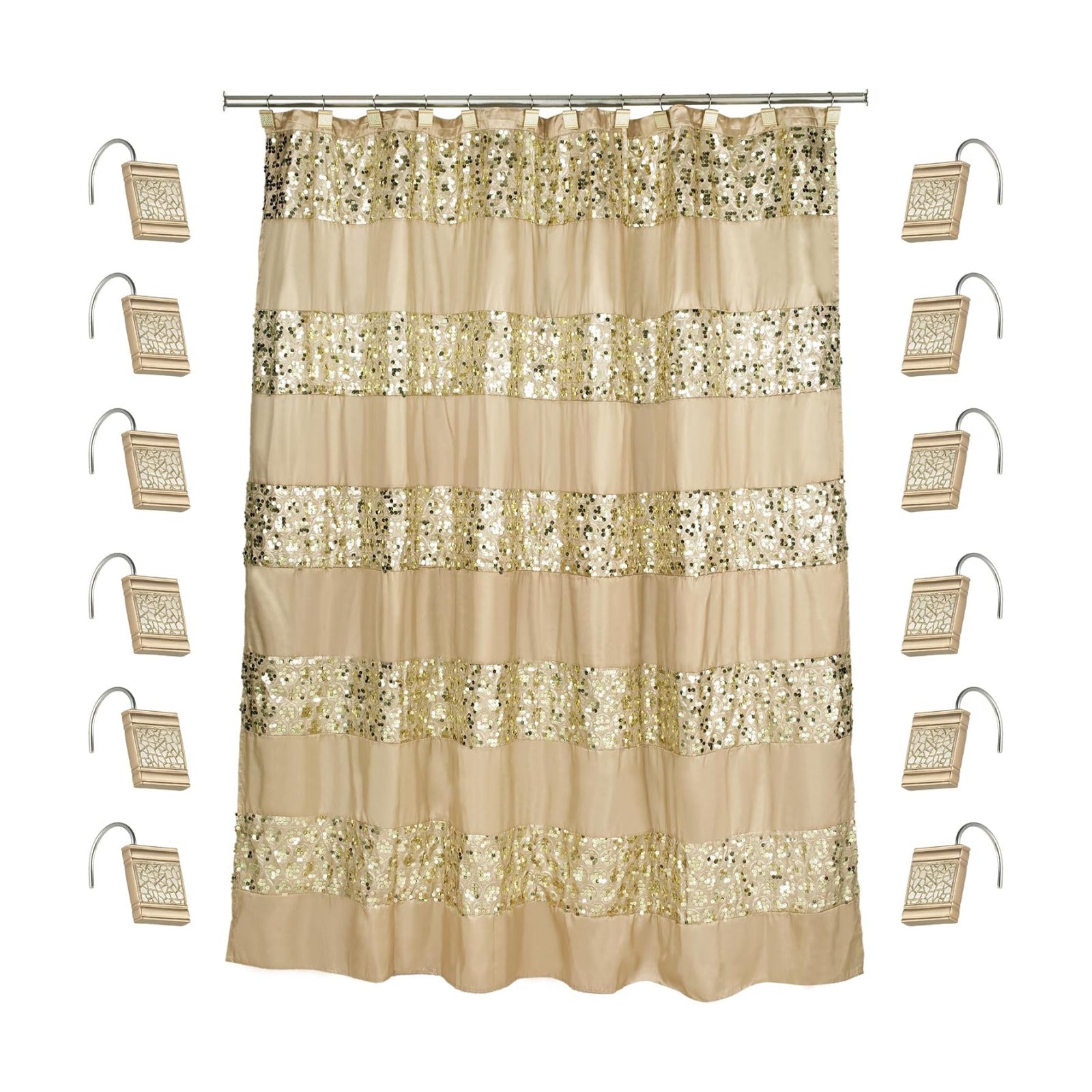 Zahari Home 13pc Sinatra Bathroom Shower Curtain Set - Gold Curtain & 12 Champagne Hooks - Luxury Fabric Bling Unique