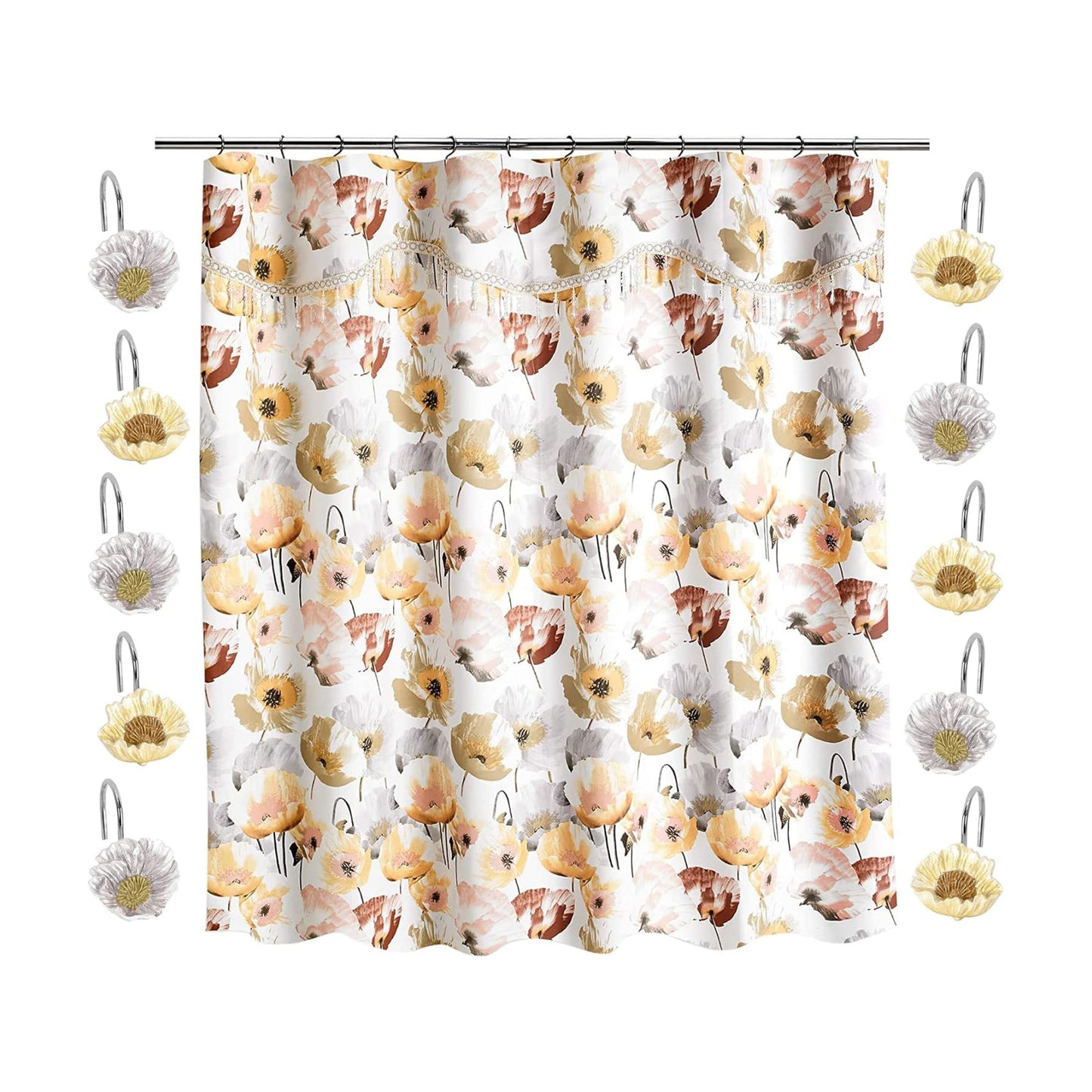 Zahari Home 13pc Poppy Fields Bathroom Shower Curtain Set Yellow Shower Curtain & 12 Shower Curtain Hooks Luxury