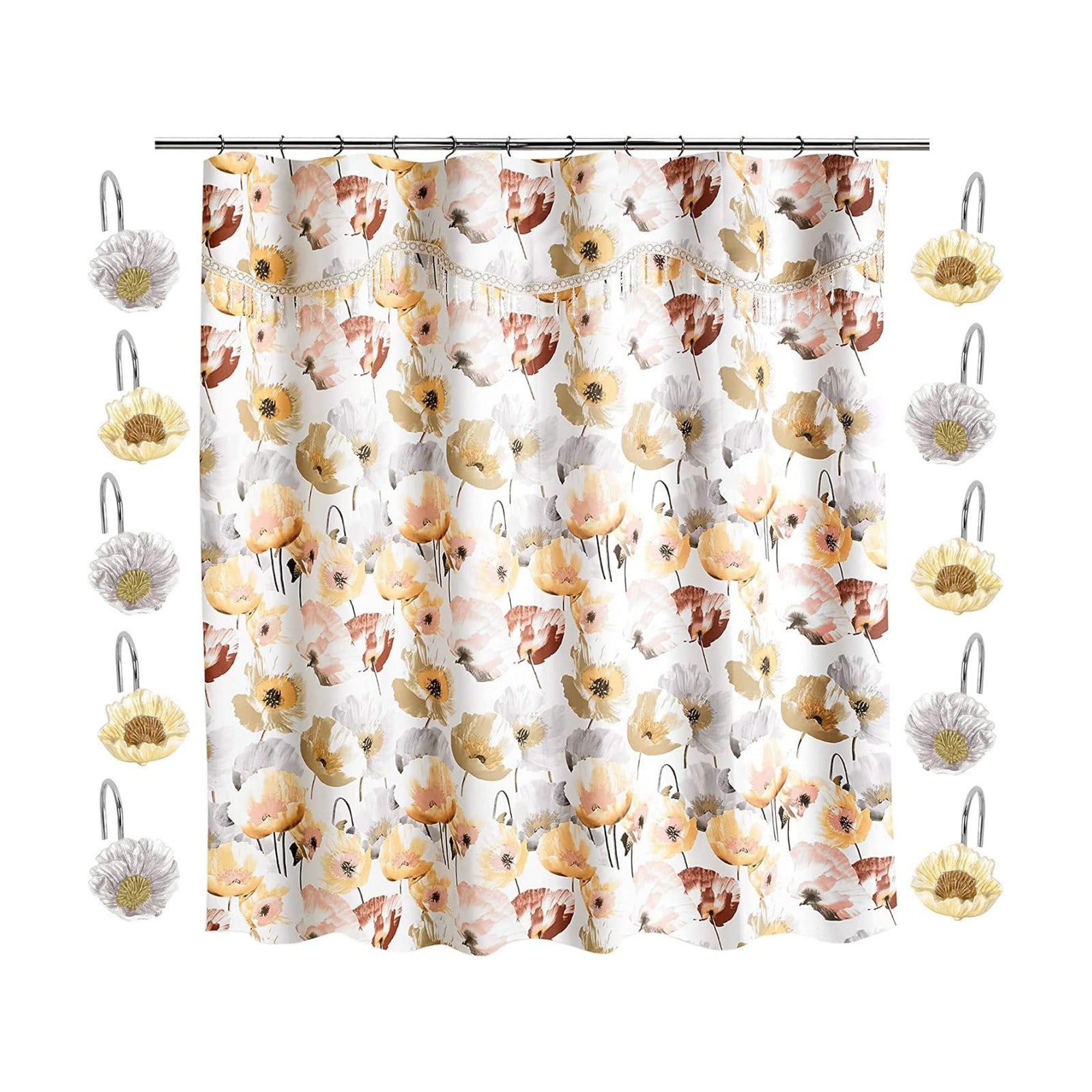 Zahari Home 13pc Poppy Fields Bathroom Shower Curtain Set Yellow Shower Curtain & 12 Shower Curtain Hooks Luxury