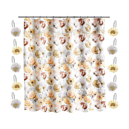 Zahari Home 13pc Poppy Fields Bathroom Shower Curtain Set Yellow Shower Curtain & 12 Shower Curtain Hooks Luxury