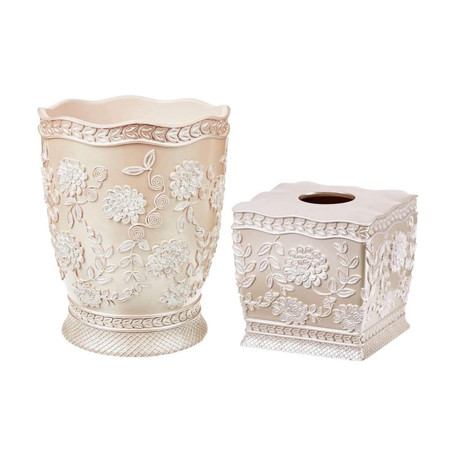 Zahari Home 2pc Rose Vine Bathroom Set Waste Basket & Tissue Cover Modern Classic Decor Stylish Unique Design Beautiful