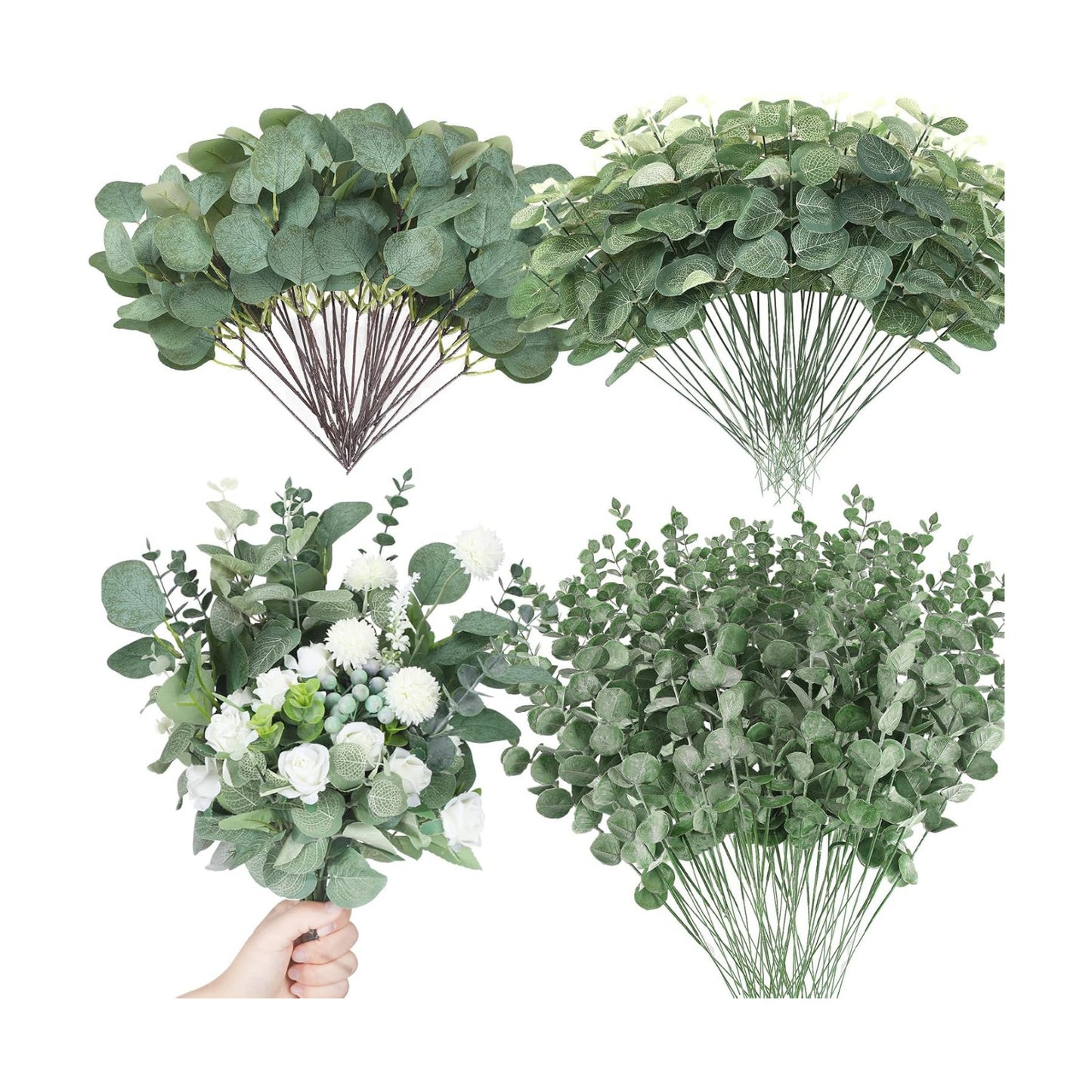 3 Kinds Mixed Artificial Eucalyptus Leaves Stems Bulk Silver Dollar Leaves Picks / Green / Set of 90