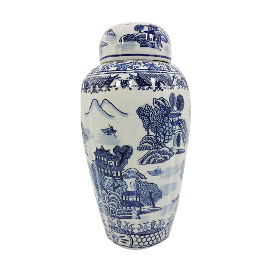 16" and White Urn Style Ceramic Porcelain Ginger Jar Temple Landscape Design Home Decor / Blue