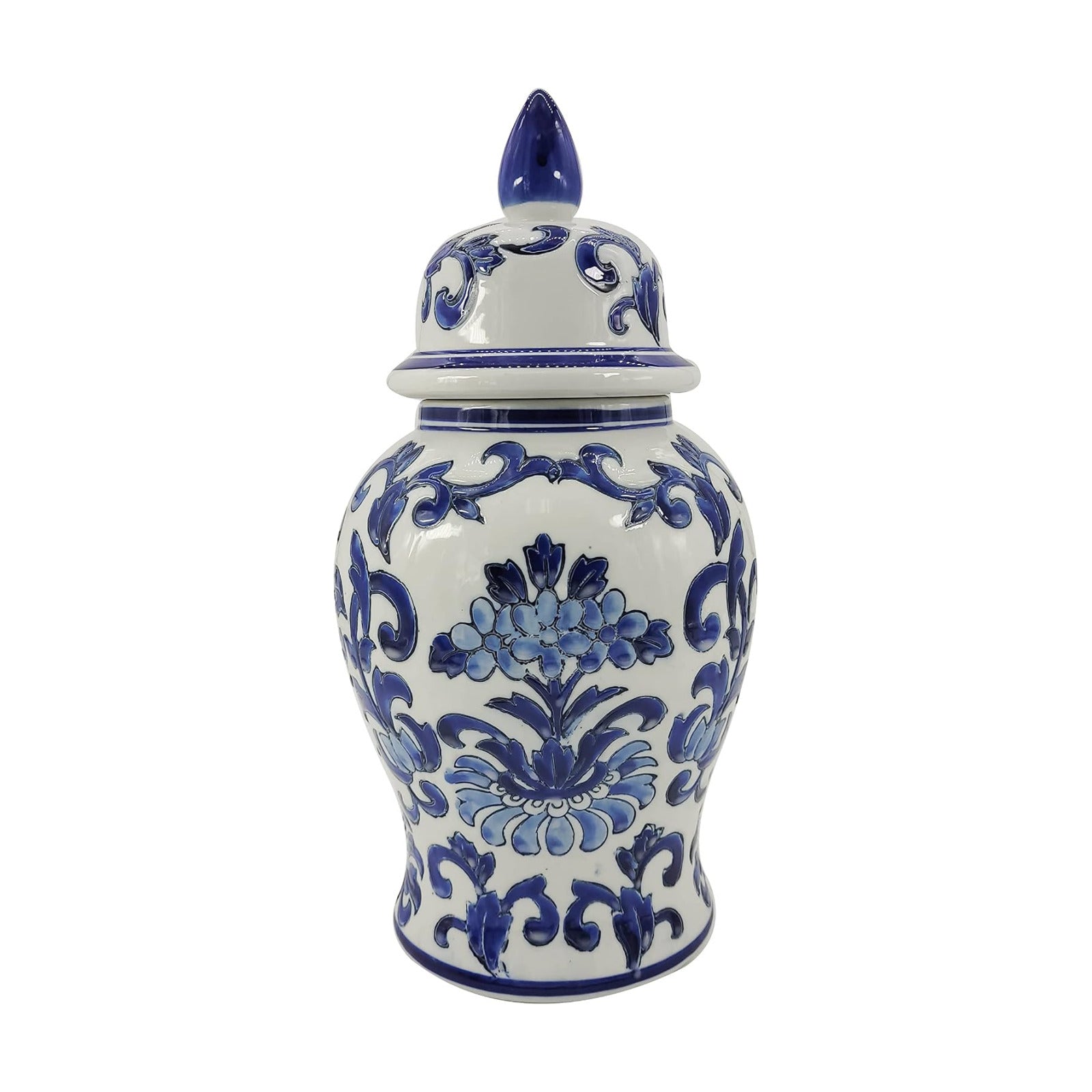 14" Blue and White Flower & Petals Ceramic Porcelain Ginger Jar / Blue and White Ceramic Jar H14