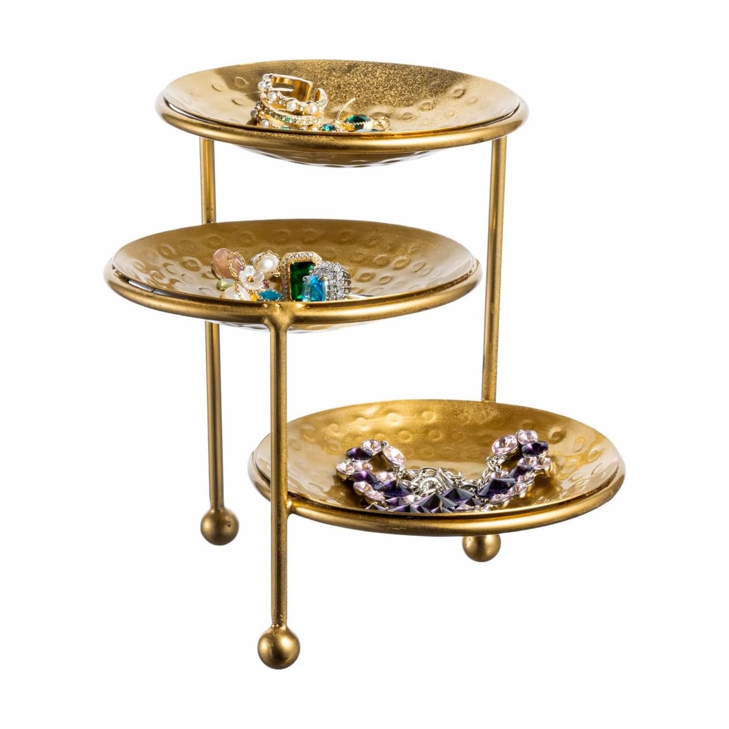 Hammered Brass Plated Metal Ring Tray / Brass, 3 Tier