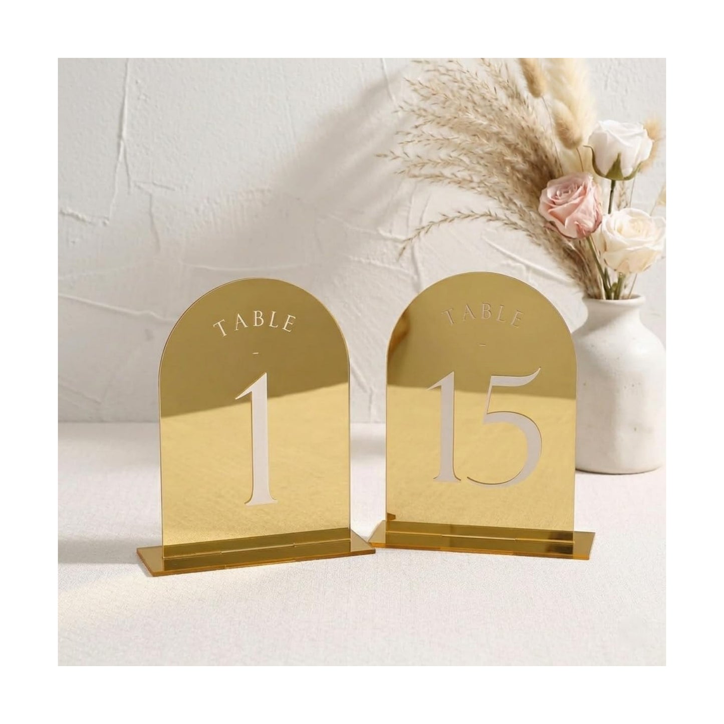 UNIQOOO Gold Mirror Arch Wedding Table Numbers with Stands 1-15, 5x7 Acrylic Display Signs and Holders, Pack of 15