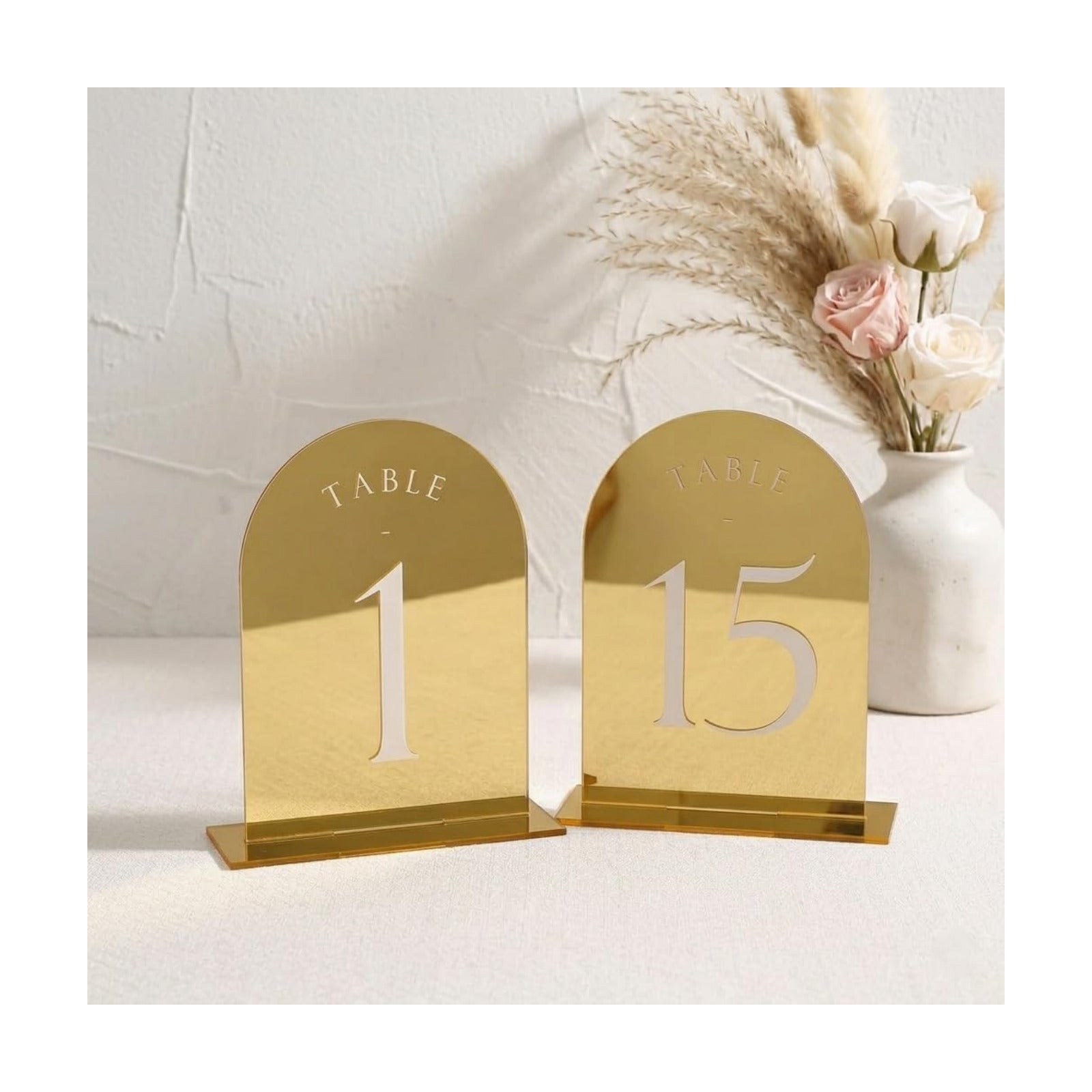 UNIQOOO Gold Mirror Arch Wedding Table Numbers with Stands 1-15, 5x7 Acrylic Display Signs and Holders, Pack of 15