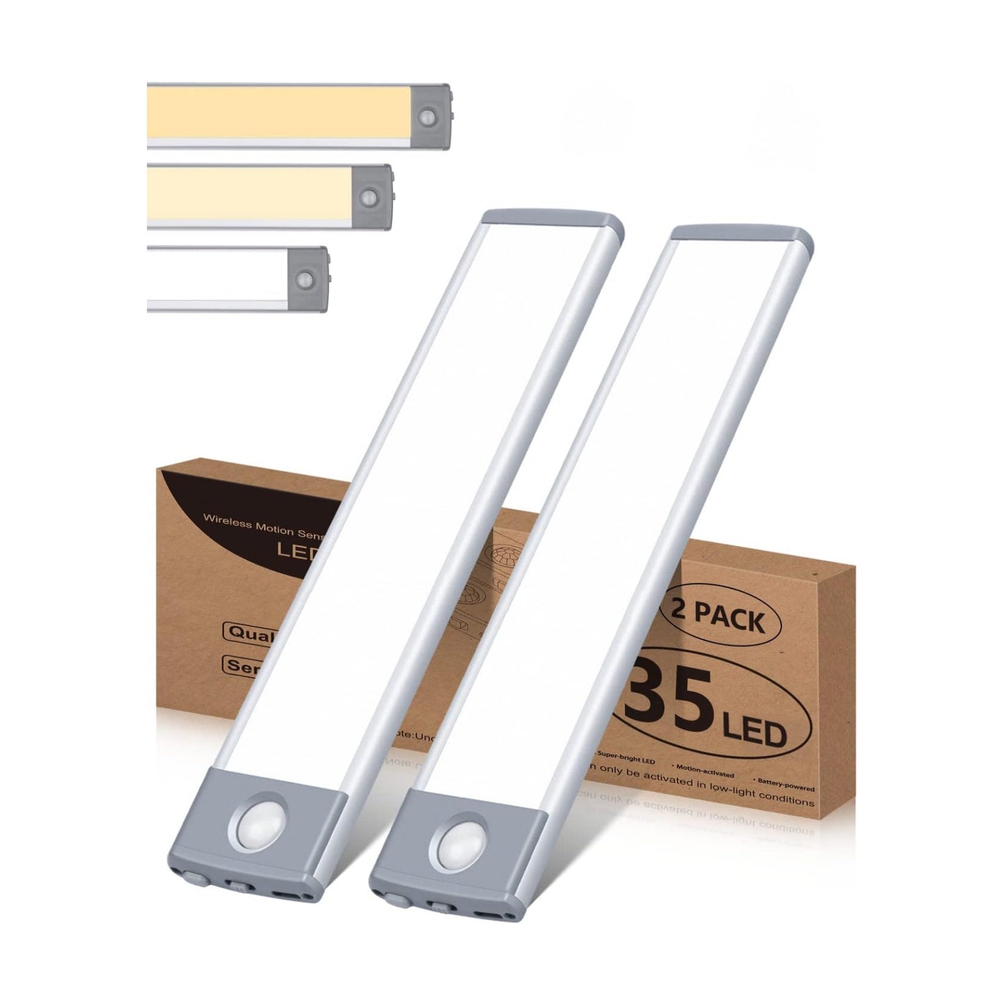 PRIORARE 35 LED Under Cabinet Lights, Wireless 3 Color Motion Sensor Light | 2 Packs Indoor Led Closet Light 1000mAh