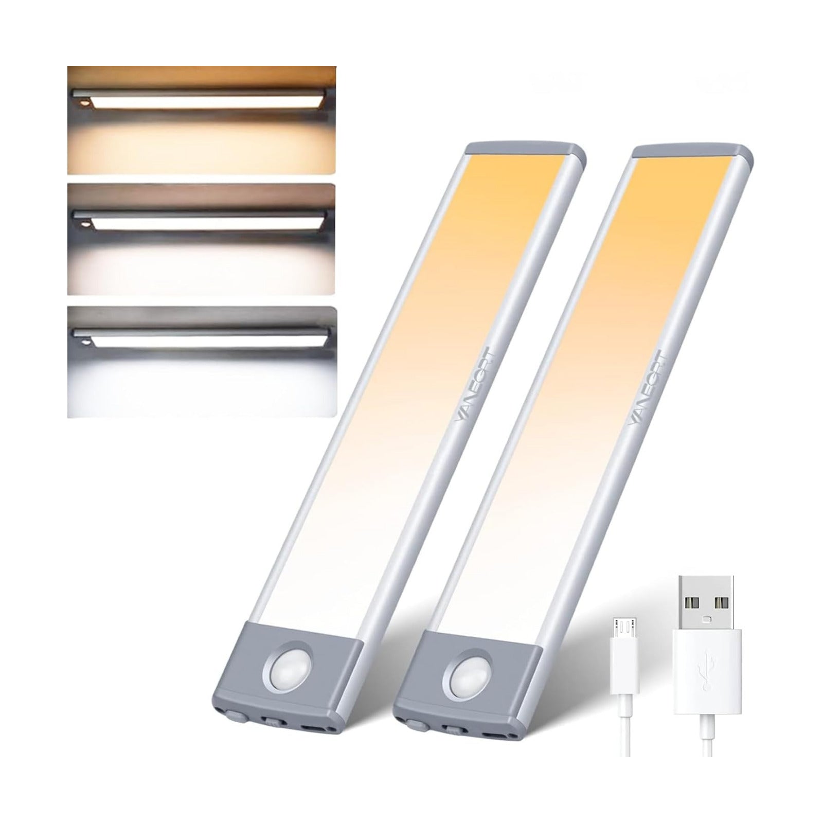 2-Pack Motion Sensor Under Cabinet Lighting, USB-C Rechargeable 1700mAh Battery, 3 Color Temperatures & Dimmable, 35LED
