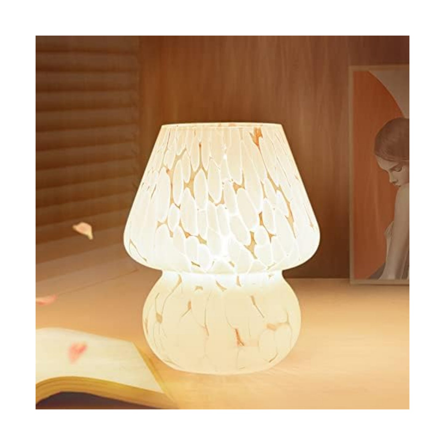 ONEWISH Mushroom Lamp Small Bedside Table Lamp-Nightstand Nightlight Dimmable Stepless, Translucent Glass White Desk