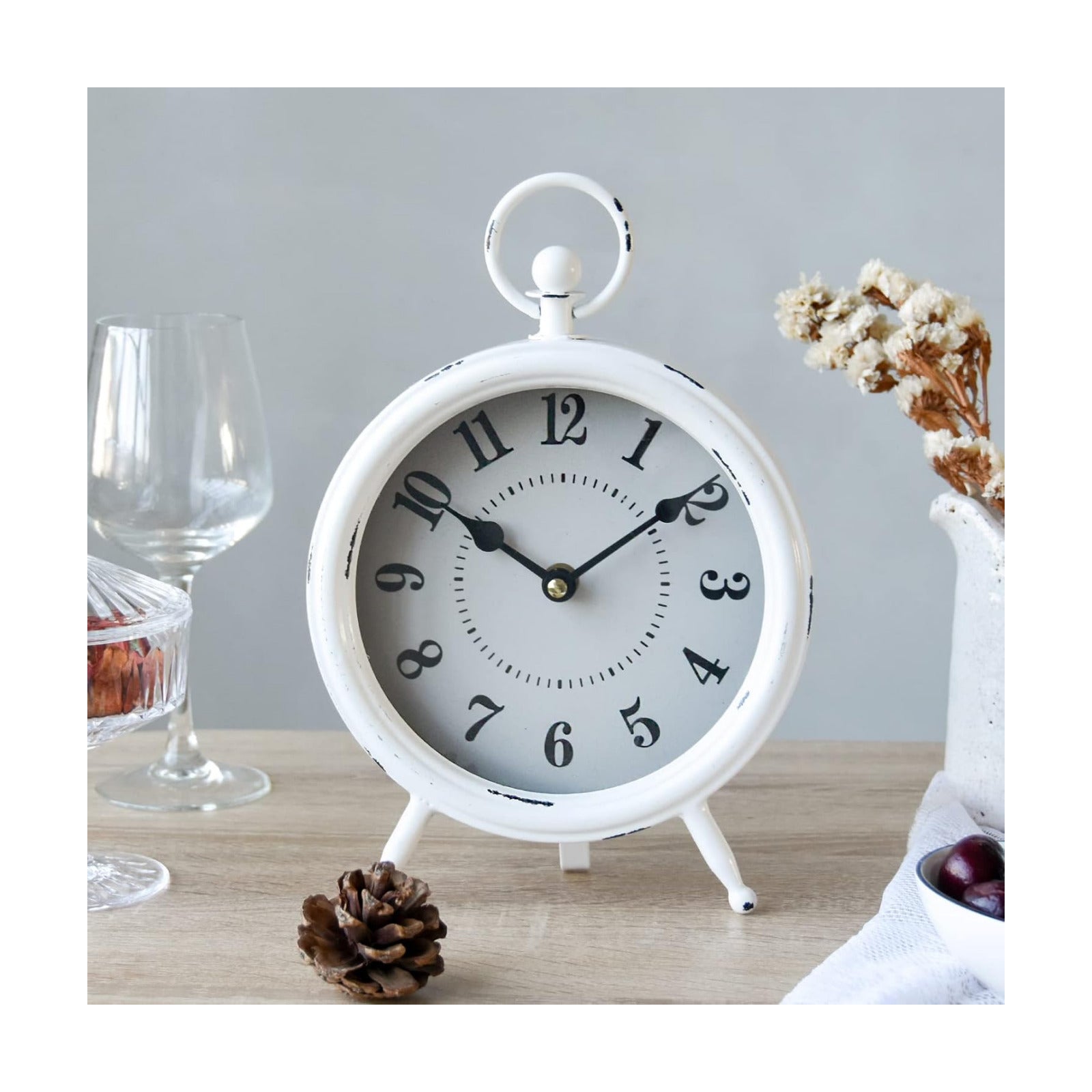 Vintage Rustic Table Clock on Stand / White / 10.5"H