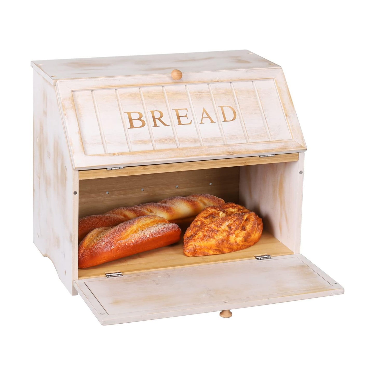 HOMEKOKO Vintage Double Layer Farmhouse Bread Box for Kitchen Counter,White | Keeps Bread Fresh 3-4 Days, 2-Tier