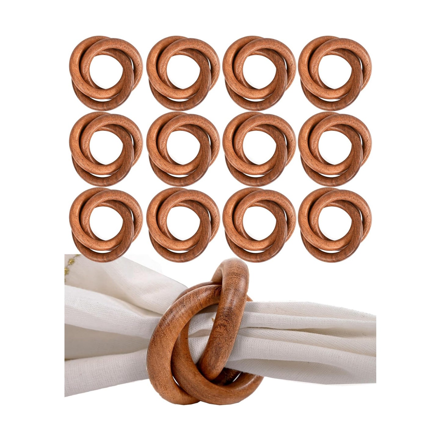 Alpha Living Home Mango Wood Napkin Rings, Set of 12, Brown | Solid mango wood, handcrafted, natural grain, 4x4x2.5 in