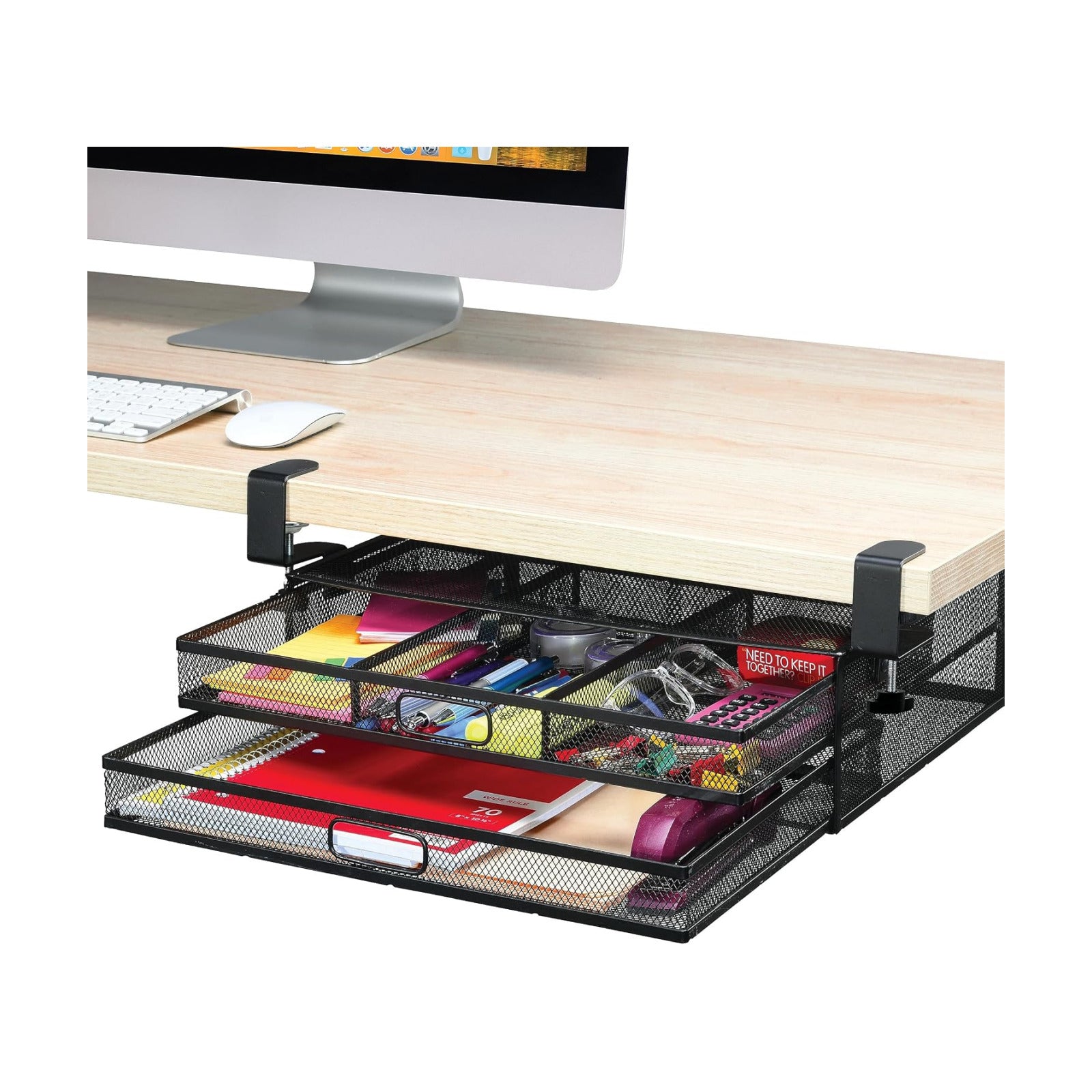 Homeify Under Desk Drawer Organizer Clamp-On, Mesh Metal Drawer Attachment, 2 Drawer Slide Out, On Or Under Desk
