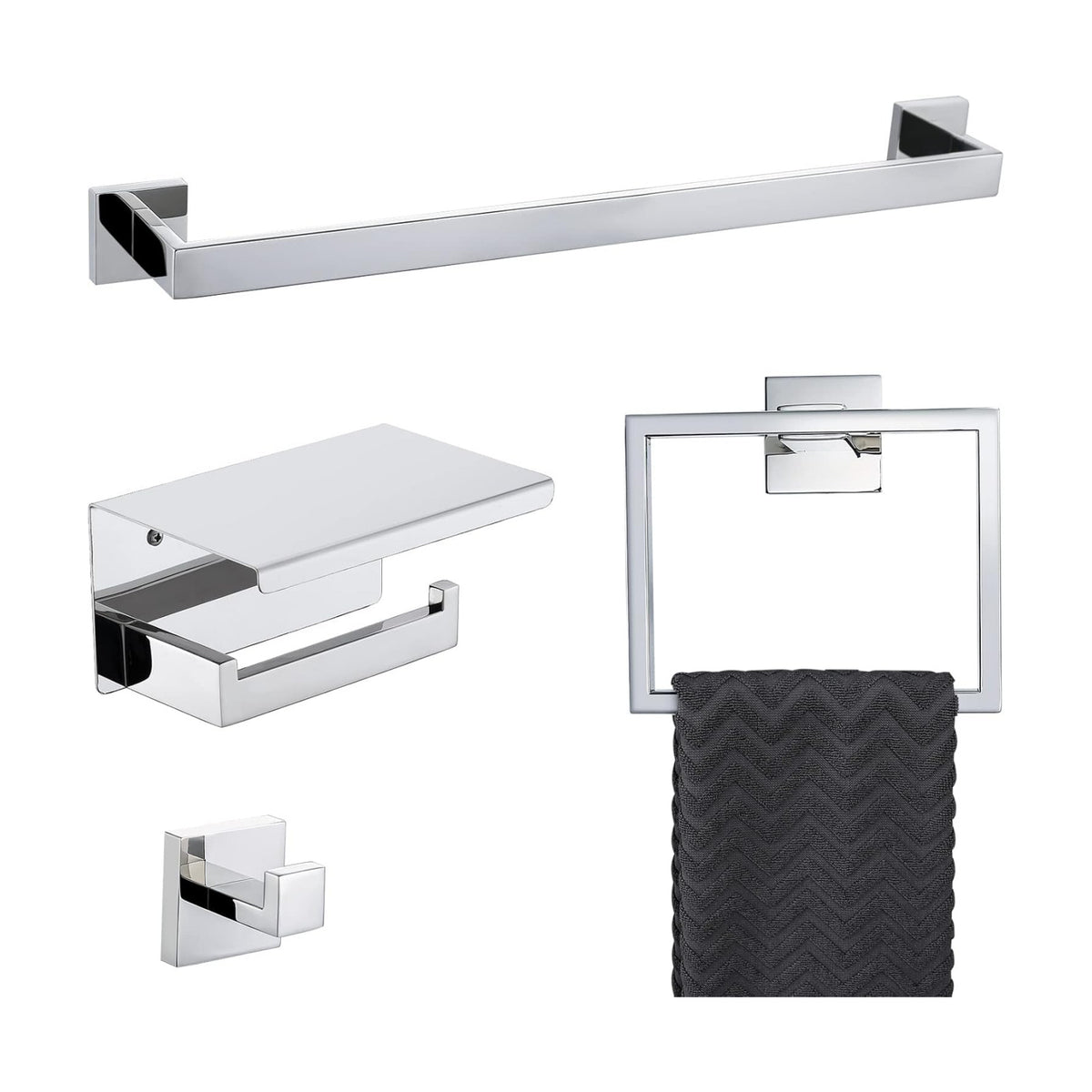 4-Piece Bathroom Hardware Set Chrome Bath Towel Bar Holder Sets Wall Mounted Stainless Steel Square Bathroom Accessory