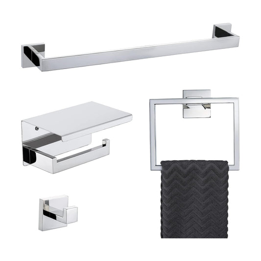 4-Piece Bathroom Hardware Set Chrome Bath Towel Bar Holder Sets Wall Mounted Stainless Steel Square Bathroom Accessory