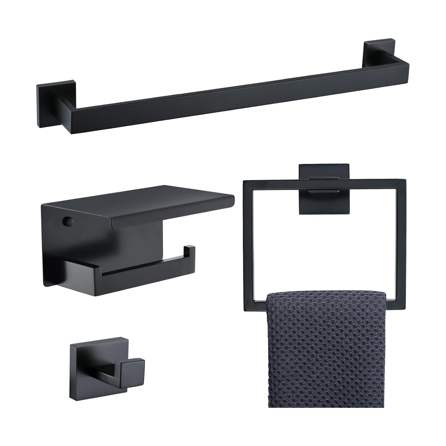 Bathroom Towel Bar Holder Sets Matte Black 4-Piece Bathroom Hardware Set Stainless Steel Bath Accessories Kit. Wall