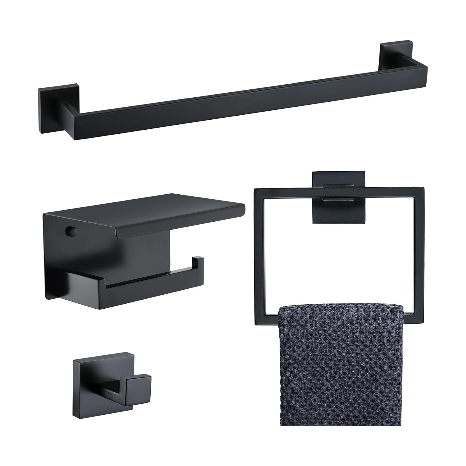 Bathroom Towel Bar Holder Sets Matte Black 4-Piece Bathroom Hardware Set Stainless Steel Bath Accessories Kit. Wall