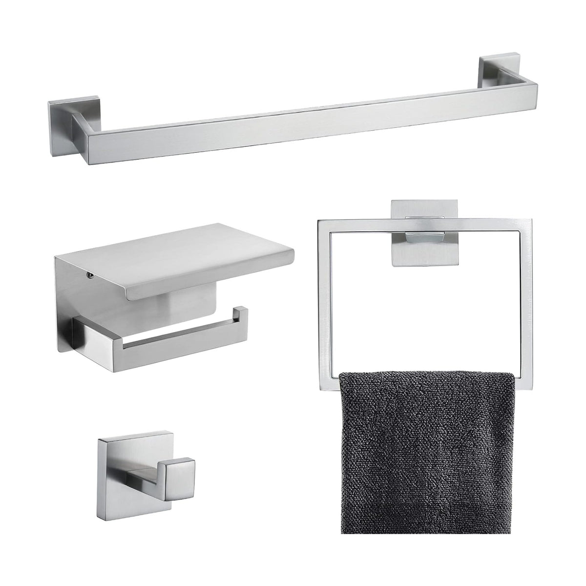 Brushed 4-Piece Bathroom Hardware Set Premium Stainless Steel Bath Towel Bar Sets Wall Mounted Bathroom Toilet Paper