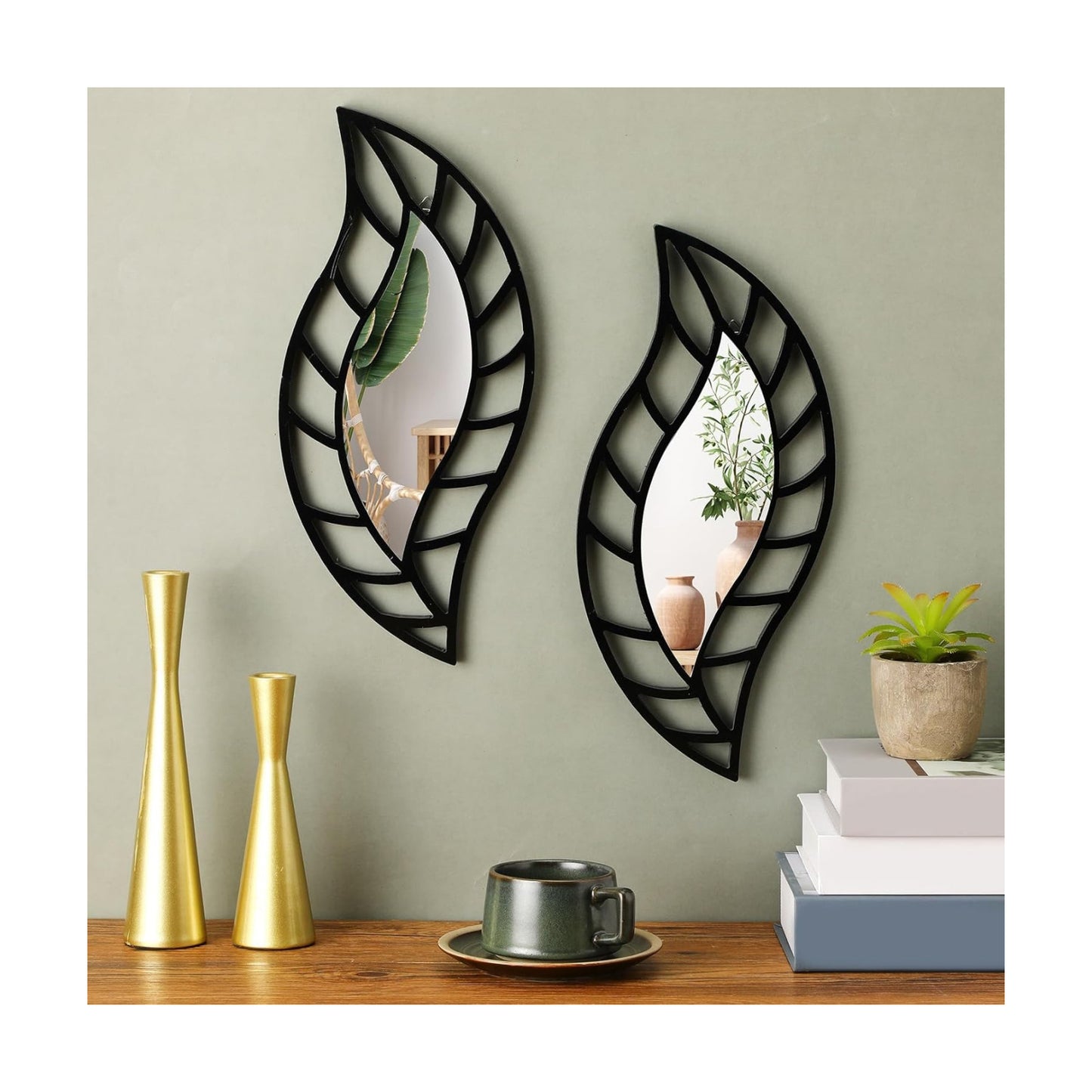 Decorative Mirror Wall Decor Leaf Teardrop Mirror Wall Mounted Decorations / Black / Set of 2